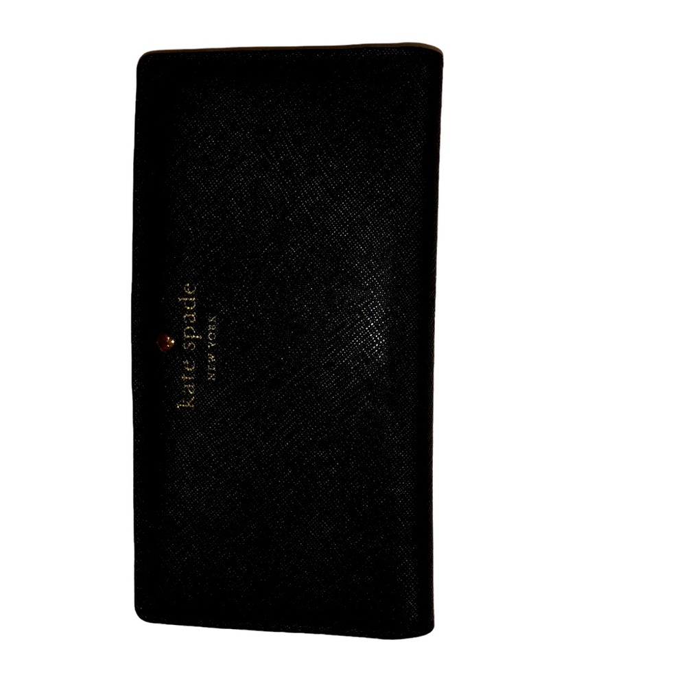 Kate spade black leather large polka dot silk lined wallet